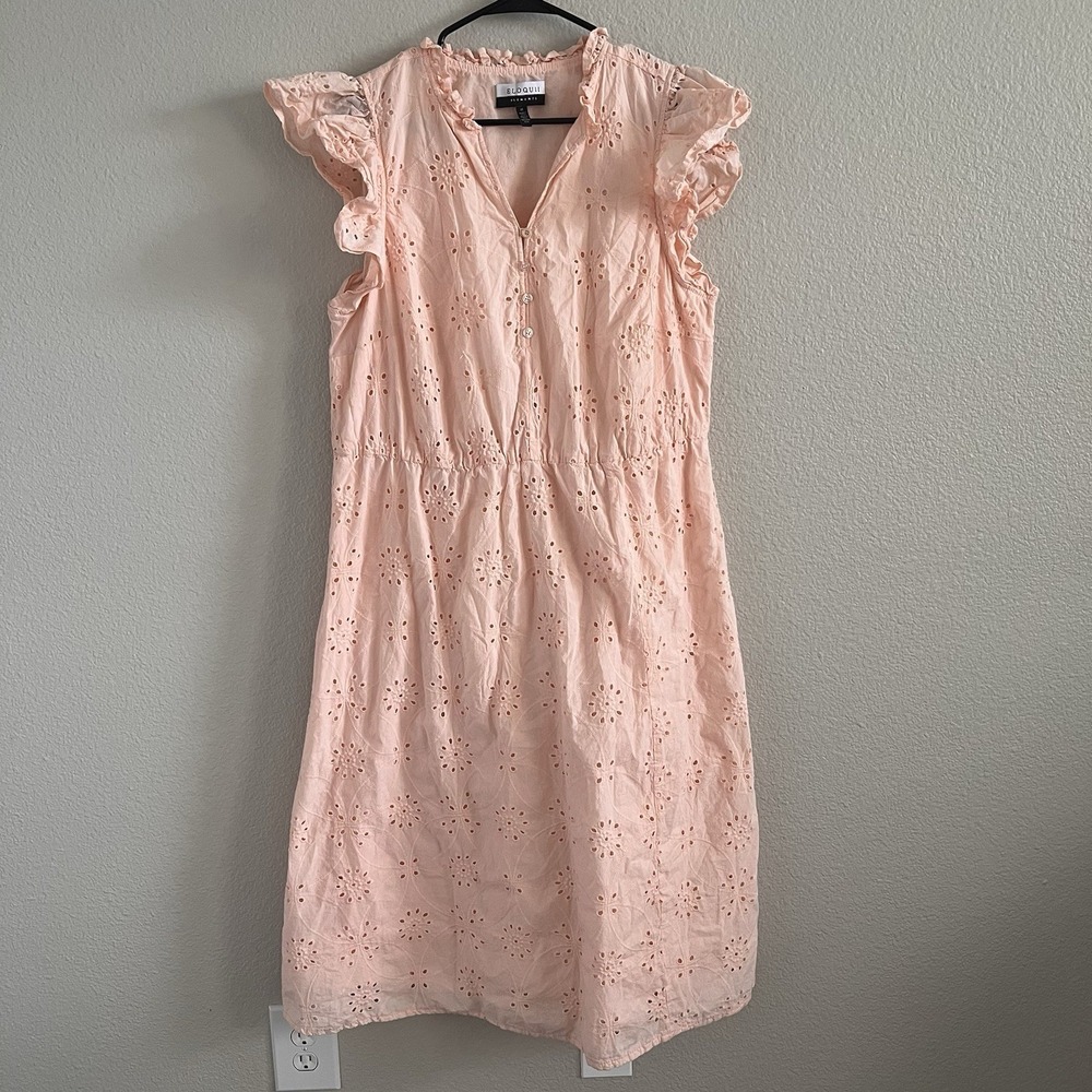 Eloquii Sz 18 Maxi Dress Eyelet Ruffle Flutter Sleeve Cinched Waist Blush Lined